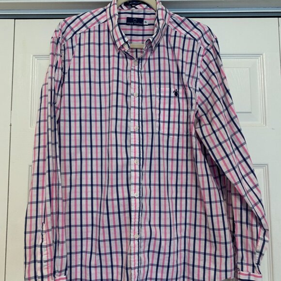 Men's Simply Southern Plaid Long Sleeve Button Up White Navy Pink Shirt XL - Picture 1 of 12